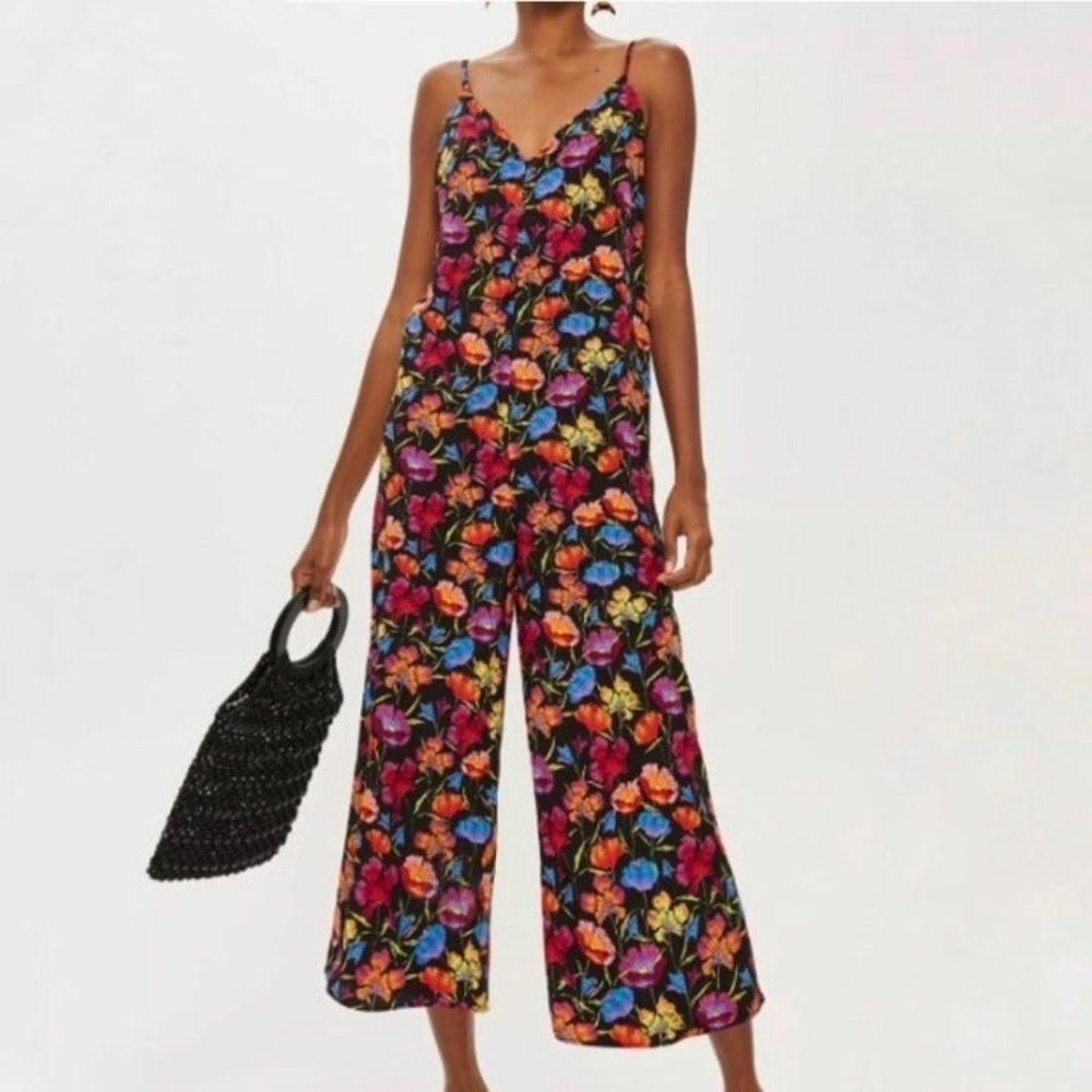Topshop Floral Poppy Wide Leg Cropped Jumpsuit Black Multi V-Neck Size 2
